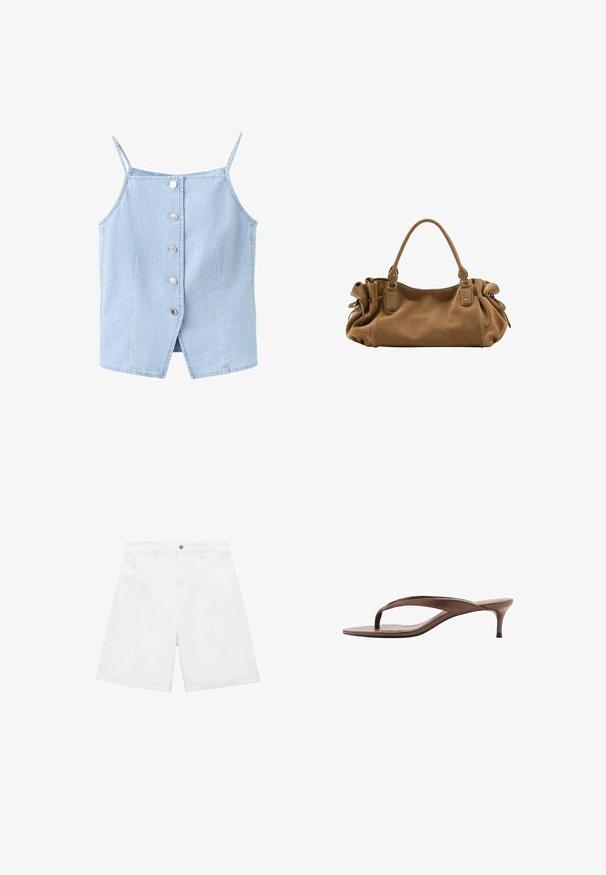 Lyseblå denim ærmeløs top med tynde stropper og fem sølvknapper foran, med en lille slids foran i kanten.; Hvide denim shorts med lige pasform, der har to forreste lommer, knaplukning og diskrete syninger.; Brun læder thong sandal med lav kittenhæl og firkantet tå, vist i sideprofil på hvid baggrund.; Blød brun ruskindshåndtaske med enkelt top håndtag og sammenrullede sidetaljer sikret med læderremme og metalringe.