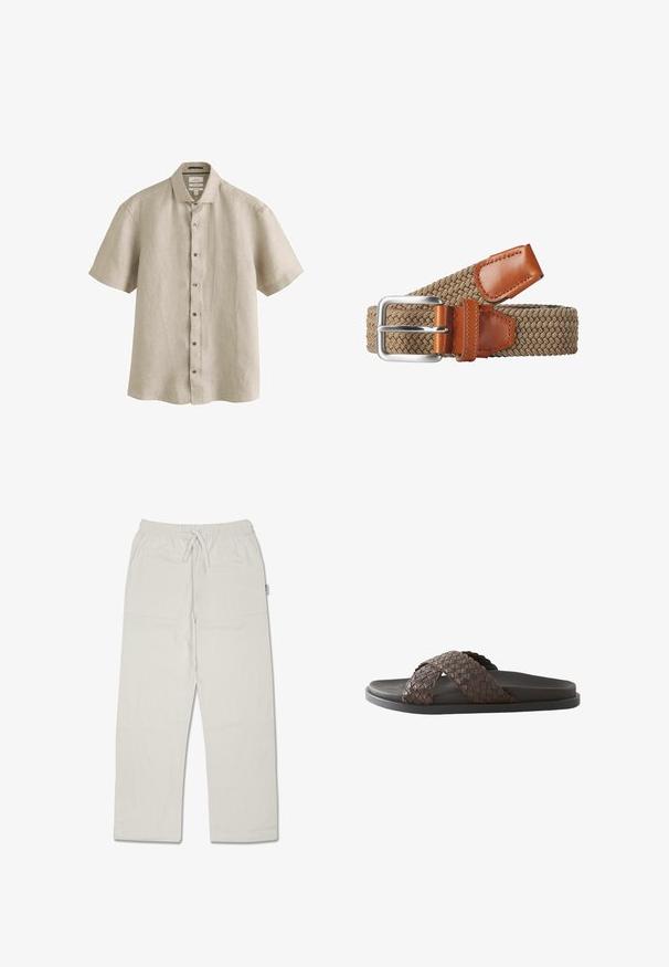 Camisa beige de manga corta con botones y cuello, hecha de tela de lino, mostrada sobre un fondo blanco.; Pantalones relajados de color gris claro, hechos de un tejido texturizado con una cintura elástica y cordón ajustable; cuenta con bolsillos laterales.; Sandalia deslizante para hombre de color marrón oscuro con tiras de cuero entrelazadas cruzadas y suela negra sobre fondo blanco.; Cinturón elástico tejido en tono marrón con detalles de cuero marrón. Presenta una hebilla de metal plateado, que ofrece un diseño texturizado y flexible para mayor comodidad.