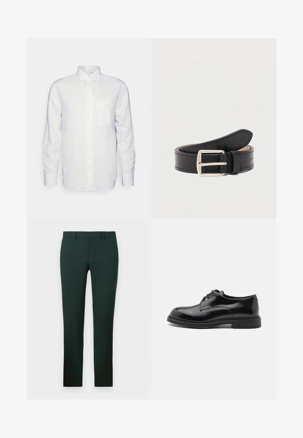 Witte longsleeve shirt van katoen, met een button-down kraag, een voorzak en een regular fit. Textuurstof met een gladde oppervlakte.; Donkergroene broek met een rechte pijpdesign, gemaakt van een gladde stof. Bevat een platte voorkant en een standaard tailleband met ceintuurlussen.; Zwarte leren nette schoen met een gladde afwerking, ronde neus en veters. Heeft een dikke zwarte zool en subtiele stiksels langs de rand.; Zwarte leren riem met zilverkleurige rechthoekige gesp, opgerold met zichtbare stiksels langs de randen op een effen witte achtergrond.