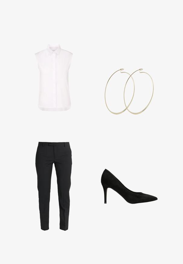Mouwloze witte blouse met knopen, voorzien van een spitse kraag en een verborgen knoopsluiting, afgebeeld tegen een effen witte achtergrond.; Zwarte op maat gemaakte broeken van gladde stof, met een slim fit, rechte benen, zijzakken en een vlakke voorkant met een ritssluiting.; Zwarte suède hoge hakken met een spitse neus en een slanke silhouette. Heeft een dunne hak en een soepele textuur. Klassiek ontwerp.; Pilgrim Oorbellen - gold-coloured