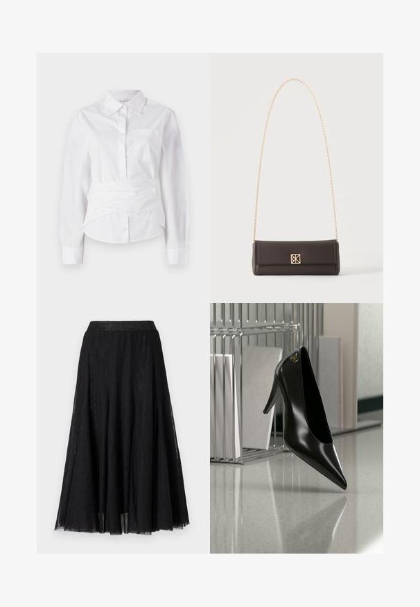 Hvid langærmet skjorte med krave, forreste knapper, lille brystlomme og indviklet design ved taljen. Glat bomuldsstof.; Sort maxi-skirt med et struktureret, flydende design. Har en bred, glitrende talje og et lagdelt, gennemsigtigt stof for en yndefuld fremtoning.; Sort højhælet sko med spids tå og guldlogo, placeret på en reflekterende overflade nær en krom trådfilholder med dokumenter.; Rektangulær mørkebrun læderhåndtaske med guldkæde-rem og en lille firkantet guldlås midtfor.