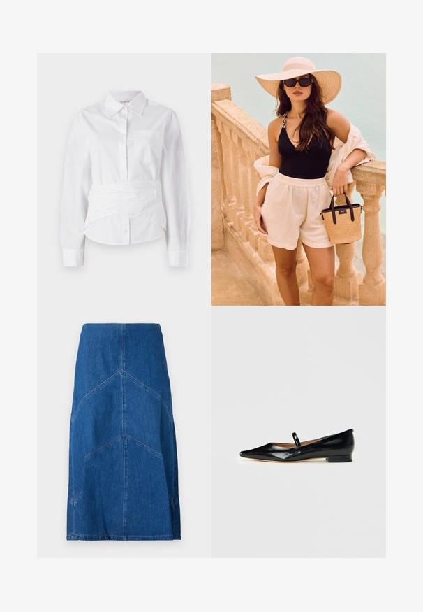 Hvid langærmet skjorte med krave, forreste knapper, lille brystlomme og indviklet design ved taljen. Glat bomuldsstof.; Denim blyantskirt i mørkeblue med lodrette sømdetaljer og en lige silhuet. Har en talje og rå kant.; Sorte patenterede læder Mary Jane flade sko med spids tå, én rem og lav hæl på ensfarvet baggrund.; Kvinde med langt hår iført en bredskygget hat, sort ærmeløs top, hvide shorts, solbriller og holder en lille flettet håndtaske ved en stenskinne.