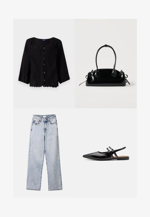 Blouse noire à boutons sur le devant avec des manches trois-quarts, col en V, tissu texturé et broderie florale sur le devant. Détail d'ourlet festonné.; Jean droit bleu clair en denim, doté de deux poches avant, d'une fermeture à bouton et de coutures contrastées le long des coutures.; Des chaussures slingbacks en cuir verni noir présentent un bout pointu, deux sangles avec des accents de boucle, et une semelle plate.; Petit sac à main noir brillant avec deux longues anses et des détails à cordon sur les côtés sur un fond clair uni.