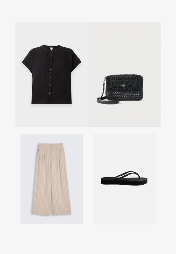 Schwarze Bluse mit kurzen Ärmeln, kleinem rundem Kragen, vertikaler Struktur, Knopfleiste vorne und einem GAP-Label auf der Innenseite des Halsausschnitts.; Beige Hosen mit weitem Bein, vertikalen dünnen schwarzen Streifen, Falten in der Taille und Seitentaschen, flach auf hellem Hintergrund liegend.; Schwarze Gummiflips mit strukturierter Sohle und Y-förmigem Riemen, seitliche Ansicht vor schlichtem hellem Hintergrund.; Schwarze Crossbody-Tasche mit strukturierter Oberfläche, gewebtem oberen Klappe, Ketten- und Lederriemen sowie kleinem silbernen Markenlogo in der Mitte vorne.
