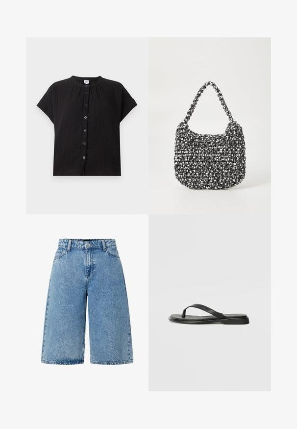 Blouse noire à manches courtes avec petit col rond, texture verticale, boutonnage sur le devant et étiquette GAP à l'intérieur de l'encolure.; Shorts en denim bleu clair, avec une coupe large, un style classique à cinq poches, et un tissu texturé avec une finition délavée.; Tongs noires en cuir lisse, avec un design de sangle fine et une semelle plate à profil minimal. Aucun motif ou accent notables.; Sac en osier noir et blanc de forme arrondie, avec une surface texturée et une poignée tressée. Convient à un usage décontracté.