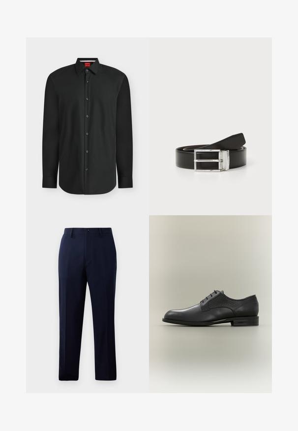 Camisa negra de manga larga con botones, cuello y etiqueta de marca roja visible en el interior del escote.; Pantalones navy hechos de una tela suave, con un diseño clásico de pierna recta, bolsillos frontales y un cierre de botón en la cintura.; Zapato de vestir de hombre en cuero negro con cordones en la parte delantera y paneles laterales texturizados, tacón bajo apilado y "BOSS" grabado en la suela.; Cinturón de cuero negro con un acabado suave, con una hebilla de doble punta en tono plateado y bordes cosidos. Diseño clásico sin patrones.