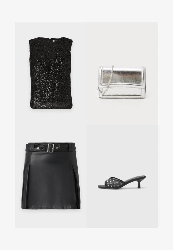 Haut sans manches noir recouvert de petites paillettes noires brillantes, avec un col rond et une fermeture éclair au dos, présenté à plat.; Jupe mini en faux cuir noir avec un design ajusté, des plis latéraux et une ceinture avec une boucle argentée et des œillets. Texture lisse, taille haute.; Sandale à talon bas ouverte noire avec un tissu transparent orné de clous décoratifs transparents et une semelle lisse.; Pochette métallique argentée avec une texture lisse, fermeture rabat et une bandoulière en chaîne. Présente un design rectangulaire structuré et des accents cousus.