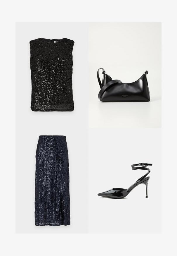 Ærmeløs sort top dækket af små blanke sorte pailletter, med rund halsudskæring og lynlås lukning i ryggen, præsenteret fladt.; Marineblå paillet midi skirt med en glat tekstur, der har en tætsiddende talje og en let udvidelse ved kanten. Designet skaber reflekterende mønstre.; Sort laklæder spids tå stilet hæl med tynde ankremme og lille spænde.; Sort læderhåndtaske med en glat tekstur. Har en justerbar stropp og et enkelt, minimalistisk design med lynlås.