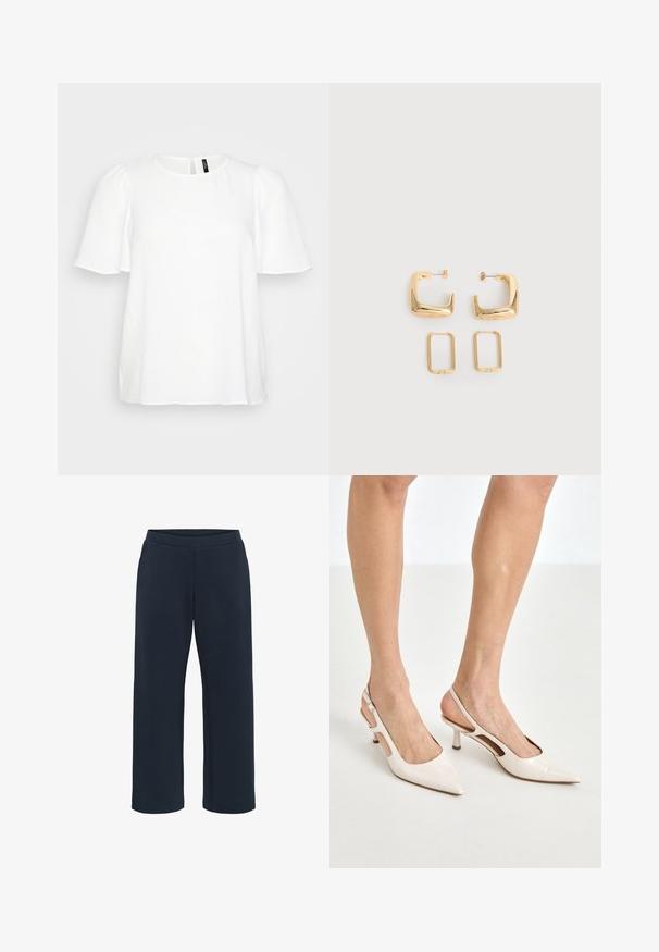 Blouse blanche à manches courtes avec un col rond et de douces plissures sur les manches. Texture lisse avec un détail de fermeture à bouton au dos.; Pantalons en mélange de coton, coupe confortable, couleur bleu marine foncé, avec une taille élastique et des jambes droites. Sans poches ni coutures visibles.; Escarpins à talon slingback en cuir verni beige avec un bout pointu et un talon de 5 cm, présentant des côtés découpés et une fine bride à la cheville.; Deux paires de Boucles d'oreilles créoles géométriques dorées sur une surface blanche unie, une paire carrée et pleine, une paire rectangulaire et creuse.