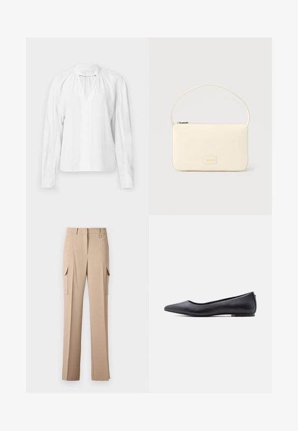 Hvid langærmet bluse med V-hals, sammensamlet detaljer ved halsudskæringen og et glat, let materiale. Enkel og minimalistisk design.; Beige cargo bukser med to sidelommer, en flad front og en kvadratisk metalaccent på taljen. Fremstillet af et glat og let stof.; Sort flad lædersko med spidst tåparti og lav hæl, vist i sideprofil mod en hvid baggrund.; Kremfarvet rektangulær håndtaske med en enkelt rem og lynlås øverst, med en lille præget logo-plakette foran.