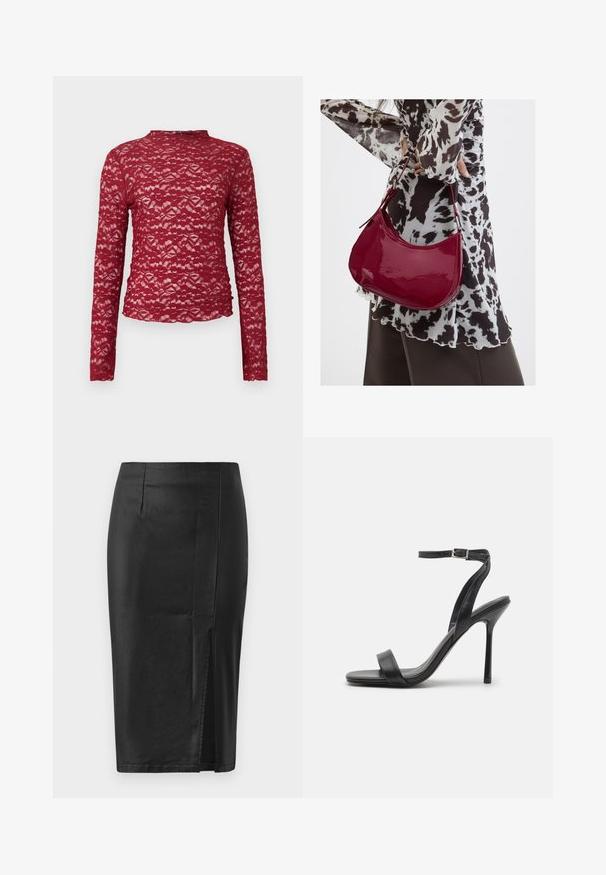 Top de manga larga de encaje rojo con cuello alto, con un patrón floral y un acabado texturizado. Diseño ceñido con detalles fruncidos en la parte inferior.; Falda lápiz negra con una textura suave y elegante, con abertura lateral y costuras a medida, diseñada para una silueta ajustada.; Sandalia negra de tacón alto con una correa delgada en el tobillo y dos bandas en la parte frontal. Hecha de cuero suave con una punta afilada y tacón de aguja.; Mujer con blusa de estampado en blanco y negro sosteniendo un bolso de hombro rojo brillante sobre un fondo liso.