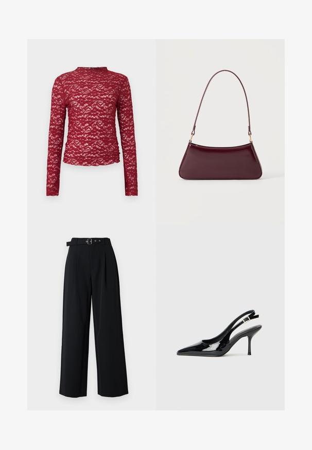 Top de manga larga de encaje rojo con cuello alto, con un patrón floral y un acabado texturizado. Diseño ceñido con detalles fruncidos en la parte inferior.; Pantalones negros de pierna ancha con pliegues, equipados con un cinturón con hebilla metálica y doble trabilla. Tejido liso con un diseño limpio.; Zapato tipo slingback de charol negro con punta afilada y tacón delgado. Cuenta con una correa ajustable con hebilla en la parte trasera. Textura suave.; Bolso brillante de color burdeos oscuro con un asa fina y única y una forma elegante de trapecio sobre un fondo claro y liso.