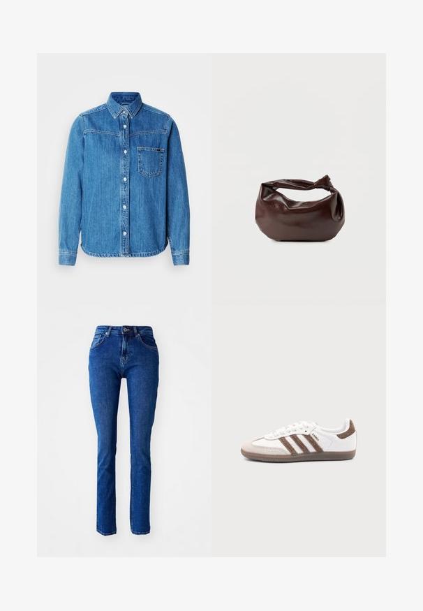 Sinine teksariidest nööpidega särk krae, esitasku ja valgete nuppudega. Omab kergelt kõverdatud serva ja pikad varrukad.; Sinised denim teksad, kitsas lõige, kõrge vöökoht, sirged sääred ja tikkimisdetailid. Omab nööpi ja luku sulgemist. Ilma lisakujundusteta.; Valge Adidas Samba toss pruunide seemisnahast triipude, pruuni kummist tallaga ja beežika seemisnahast varbakattaga, kujutatud välisküljelt ühevärvilise tausta peal.; Tumepruunast nahast õlakott, pehme ja lõdva vormiga, keeratud sõlme tüüpi sangaga, valgel ühevärvilisel taustal.