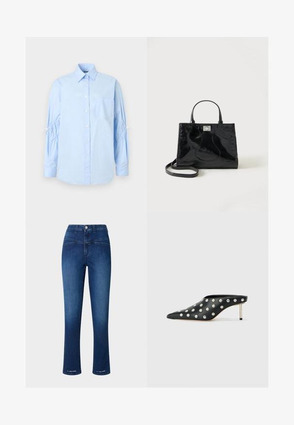 Lyseblå langærmet skjorte med knapper, spidst krave, brystlomme og rynkede ærmedetaljer samlet med hvide stropper.; Mørkeblå denimbukser med høj talje, slim fit, lige ben og to forlommer. Indeholder en metalknap og syningsdetaljer.; STAND STUDIO KELSEY - Mules med hæl - black; Sort håndtaske i laklæder med afrundede håndtag, aftagelig skulderrem og sølvspænde på ensartet hvid baggrund.