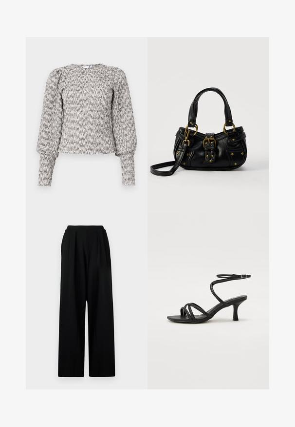 Langschedige, gesmokte blouse met opgeblazen schouders in een textuur van grijs en wit, met fitted manchetten en een ronde halslijn.; Zwarte wijde broek met hoge taille, voorzien van voorplooien en een gladde, gestructureerde stof. Geen zichtbare zakken of versieringen.; Even&Odd Wide Fit Sandalen - black; Zwarte leren handtas met gouden gesp en klinknagel details, korte handvatten en een verstelbare schouderriem op een effen witte achtergrond.