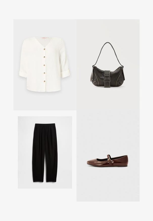 Blouse blanche texturée avec col en V, six boutons marron sur le devant, et manches trois-quarts retroussées sur un fond uni.; Pantalon noir à coupe décontractée avec taille élastique et poches latérales, présenté sur un fond blanc uni.; Ballerine en cuir verni marron avec un bout carré et une lanière ornée d'une petite boucle dorée. Texture lisse, talon bas et design minimaliste.; Sac à épaule en cuir noir avec une sangle à boucle, des bords arrondis et des coutures blanches contrastées sur un fond uni.