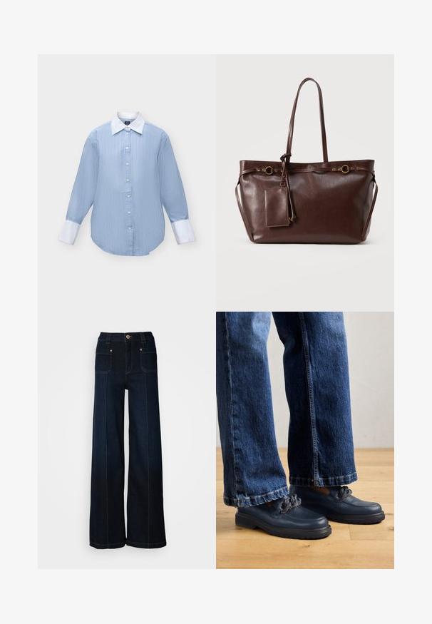 Camisa azul claro de manga larga con rayas verticales blancas, cuello puntiagudo blanco y puños blancos, mostrada sobre un fondo liso.; Jeans de mezclilla de pierna ancha en azul oscuro. Presentan bolsillos frontales, herrajes en tono dorado y costuras en contraste. Textura suave con un diseño casual.; Zapatos de cuero azul marino con suela gruesa y detalle de cadena en la parte superior, combinados con unos vaqueros de mezclilla oscura de corte holgado.; Bolso tote de cuero marrón oscuro con dos asas largas, aros decorativos dorados y un estuche rectangular con cremallera adjunto.