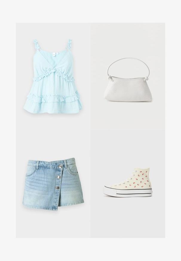 Débardeur bleu clair avec des bretelles volantes et des détails en fronces le long de l'ourlet. Fabriqué en tissu léger avec un design superposé.; Mini-jupe en denim bleu clair avec fermeture à boutons sur le devant, deux poches avant et passants de ceinture, présentée sur un fond uni.; Des baskets montantes en toile jaune, ornées d'un motif de petites fraises rouges, avec des lacets blancs et une semelle blanche rayée de noir.; Sac à main en cuir tressé blanc avec poignée arrondie et extrémités de lanière nouées, présenté sur un fond uni.