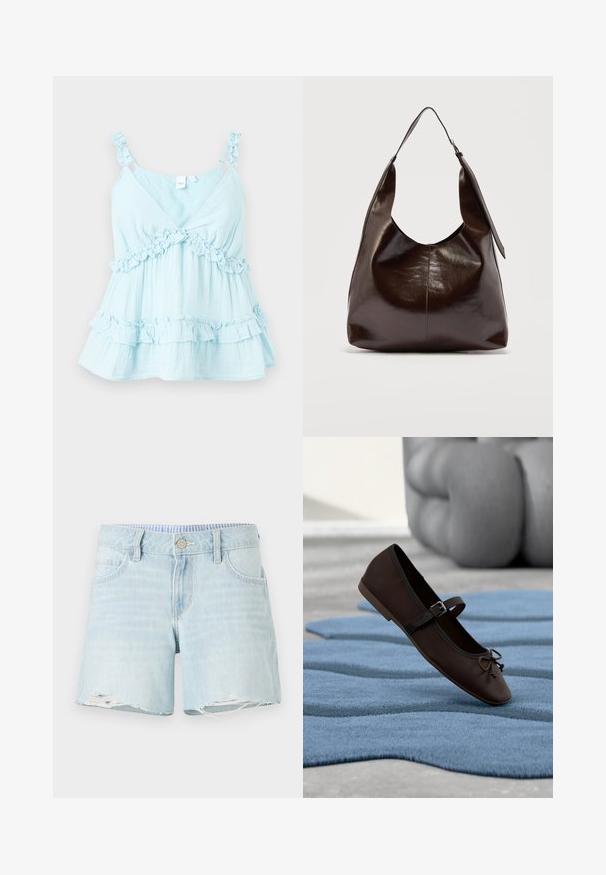 Hele sinine tank top, millel on rippuvad õlapaelad ja frillide detailid ääres. Valmistatud kergest kangast kihtide kujundusega.; Heled sinine teksashorts, millel on veidi kulunud serv, viie tasku kujundus ja nupukinnitus. Kergelt tuhm tekstuur kogu ulatuses.; Tumepruun Mary Jane lamedapõhjaga king, millel on pandla ja lipsu detail, asetatud lainelisele sinisele tekstuuriga vaibale, taustal hall pehme diivan.; Tumepruun läikiva nahaga õlakott, millel on üks lai rihm ja ühelt poolt pandlaga detail, taustal hele ühevärviline taust.