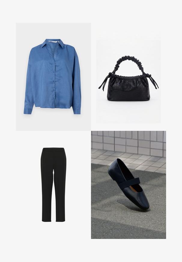 Chemise bleu clair à manches longues, avec col et coupe décontractée. Fabriquée dans un tissu lisse avec une subtile texture.; Pantalons noirs avec une coupe droite, présentant une texture lisse, une taille ajustée et sans ornements ni motifs visibles.; Chaussure plate en cuir noir avec un bout arrondi, dotée d'une douce sangle élastique noire sur le cou-de-pied. Texture lisse et design minimaliste.; Sac à main noir avec texture crocodile, bord supérieur froncé, poignée plissée et pompons à cordon de chaque côté sur fond blanc.