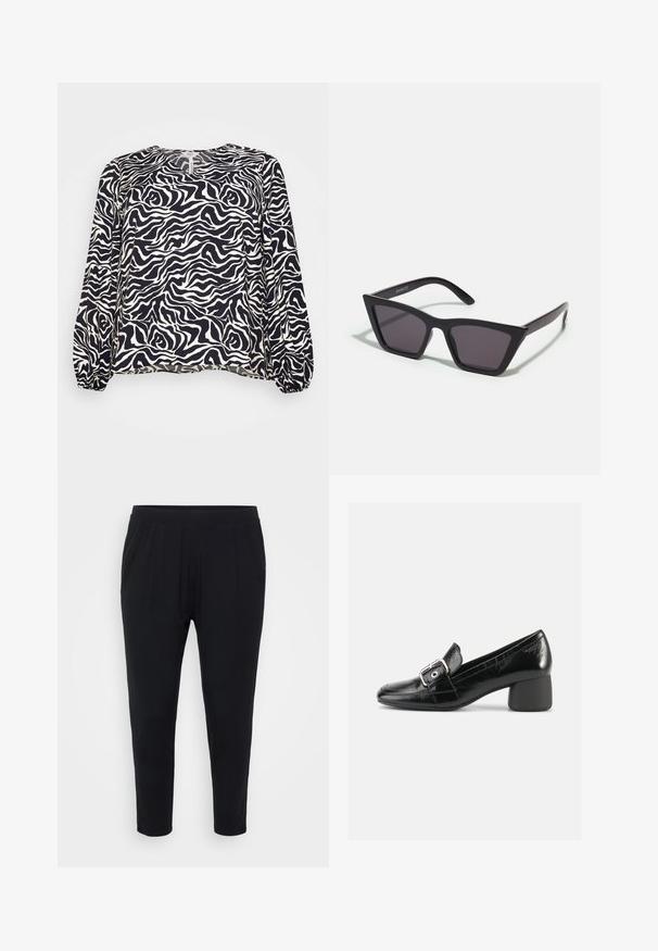 Object Curve OBJLEONORA V-NECK - Blusa - black; Pantalones negros de corte relajado, con cinturilla elástica y suaves pliegues. Confeccionados en una tela suave, con piernas ajustadas y sin bolsillos.; Zapatos bajos de cuero negro con punta puntiaguda, que presentan una hebilla decorativa y un acabado texturizado en la parte superior y un tacón liso.; Gafas de sol negras y angulares con lentes grises; fabricadas en plástico, con varillas gruesas de superficie suave y sin herrajes visibles.