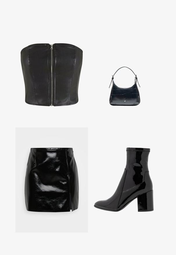 Top en corset en cuir noir avec une coupe structurée. Comprend une fermeture éclair centrale en argent et des coutures le long du buste. Texture lisse.; Mini-jupe noire en matériau brillant. Comprend une fermeture éclair sur le côté et une fente sur le côté droit pour un détail et un design supplémentaires. Texture lisse.; Bottine noire en vernis avec une texture lisse, bout pointu et un talon bloc structuré. Caractérisée par un design sans fermeture éclair et des coutures contrastées.; Sac à bandoulière en cuir noir avec texture crocodile et fermoir argenté, avec une sangle réglable ornée de détails en chaîne sur fond blanc.
