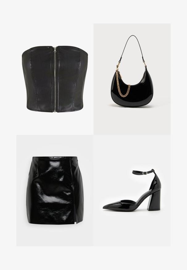 Top en corset en cuir noir avec une coupe structurée. Comprend une fermeture éclair centrale en argent et des coutures le long du buste. Texture lisse.; Mini-jupe noire en matériau brillant. Comprend une fermeture éclair sur le côté et une fente sur le côté droit pour un détail et un design supplémentaires. Texture lisse.; Chaussure à talon haut en cuir verni noir avec un bout pointu, une bride de cheville et un large talon bloc pour la stabilité, présentant une texture lisse et brillante.; Sac à main en cuir verni noir avec une forme courbée, une fine bandoulière et un accent chaîne dorée sur le devant. Texture lisse, design minimaliste.