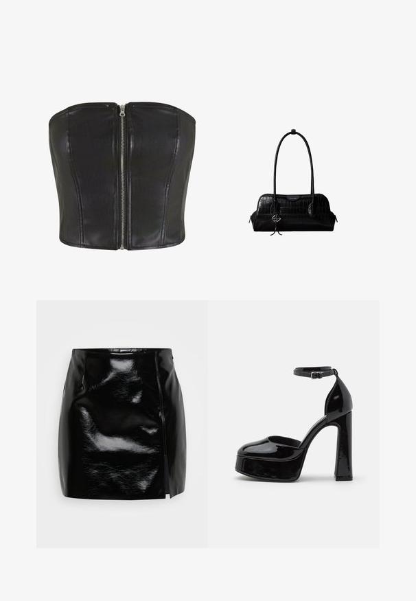 Top de corsé de cuero negro con un ajuste estructurado. Presenta una cremallera central de plata y detalles de costura a lo largo del cuerpo. Textura suave.; Minifalda negra hecha de material brillante. Cuenta con una cremallera lateral y una abertura en el lado derecho para un detalle y diseño adicionales. Textura suave.; Zapatos de tacón de charol negro con plataforma y correa al tobillo, punta redondeada y tacón cuadrado, que muestran una textura lisa y brillante.; Bolso de hombro negro de cuero con textura de cocodrilo, con correas largas y un pequeño colgante de logo plateado en una correa.