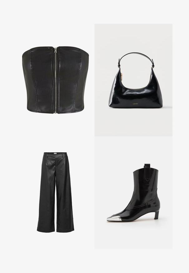 Top en corset en cuir noir avec une coupe structurée. Comprend une fermeture éclair centrale en argent et des coutures le long du buste. Texture lisse.; Object Wide-leg ed - Pantalon classique - black; ALOHAS SHIMMER BICOLOR BOOTS - Bottines - black/silver; Sac à main Calvin Klein noir brillant avec fermeture éclair dorée et anse courte sur fond blanc uni.