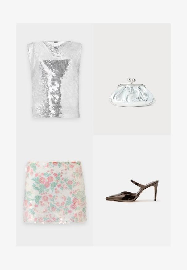 Rabanne Top - silver-coloured; Witte stof met bloemmotief, voorzien van pastelroze en groene bloemen, met een gestructureerd oppervlak en subtiele pailletten langs de onderrand.; G glanzende donkerbruine mule met spitsen neus en hoge hak met een smalle band over de wreef op een effen witte achtergrond.; Kleine zilverkleurige metalen clutch met een afgerond, geplooid ontwerp en een sluiting met twee zilveren bollen.