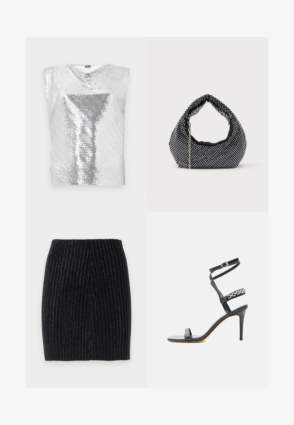Rabanne Topp - silver-coloured; Must prahtud miniseelik vertikaalsete soonte ja peente metallniitidega. Omab keha järgivat disaini ning keskel on taga lõhik, mis tagab liikumisvabaduse.; Mustad kõrgete kontsadega sandaalid, millel on õhuke pahkluu rihm, keskjala rihm, mis on kaunistatud hõbedaste kettlinkidega, ja avatud varbaga disain.; Must mustraga, mis on kaunistatud hõbedaste studidega, kõverate käepidemete ja kettiga rihmaga. Pehme tekstuur ja ümar kuju.