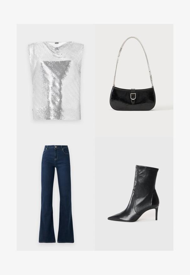 Rabanne Top - silver-coloured; Tmavomodré rozšírené džínsy s vysokým pásom, vyrobené z denimu. Disponujú dvoma prednými vreckami a kontrastným prešívaním pozdĺž švov.; Čierne kotníkové topánky vyrobené z hladkej kože, s špicatou špičkou, priliehavým zvrškom aúzkym vysokým podpätkom. Minimalistický dizajn bez viditeľného kovania.; Čierna lakovaná kožená kabelka na rameno so striebornou prackou a strieborným reťazovým remienkom, zobrazená na jednofarebnom svetlom pozadí.