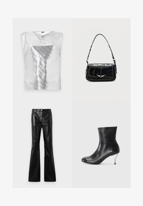 Rabanne Top - silver-coloured; Rabanne Džínsy široké - black; Čierna kožená členková topánka s krivým strieborným ihlovým opätkom na bielom pozadí.; Čierna kožená kabelka na rameno so striebornými cvokmi a kovovým emblémom s krídlami na prednom preklade na jednofarebnom pozadí.
