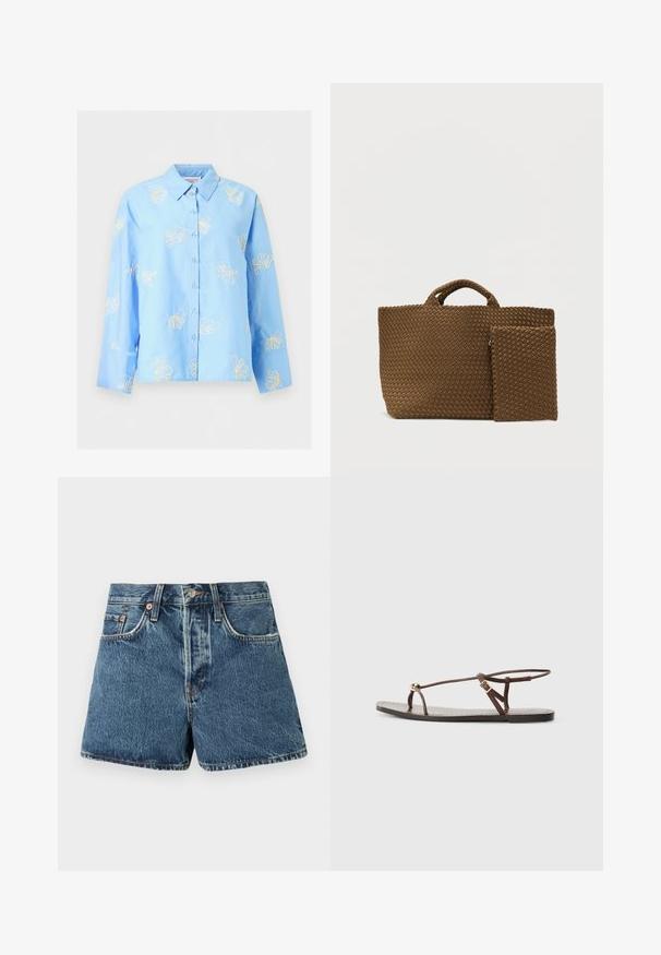 Lichtblauw overhemd met lange mouwen, knopen en kraag, met gele bloemrijke borduursels verspreid over de voorkant en mouwen.; Denim shorts in medium blue met een hoge taille, vijf zakken, contrasterende stiksels en een metalen knoopsluiting. Textuurstof met een lichte vervaging.; Bruine leren sandaal met dunne banden, een gouden cirkelaccent en een platte zool. Minimalistisch ontwerp met een verstelbare gesp.; Bruine gevlochten boodschappentas met twee handvatten en een afneembaar ritsvakje. Gestructureerd patroon en rechthoekige vorm, geschikt voor dagelijks gebruik.