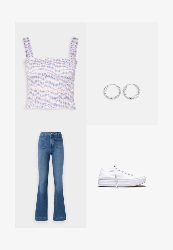 Twist & Tango VEGA - Top - multi-coloured; Ausgestellte blaue Jeans aus Denim mit normaler Bundhöhe, ausgestattet mit zwei Gesäßtaschen und einer sauberen Saumlinie. Glatte Textur und klassisches Design.; Weißer Canvas-Sneaker mit niedrigem Schnitt, dicker Plateau-Sohle, vorderer Schnürung und rauer Gummikappe an der Spitze, aus seitlicher Ansicht gezeigt.; Silberne Creolen mit einer welligen, unregelmäßigen Textur. Besitzen eine dünne, kreisförmige Form und eine reflektierende Oberfläche.