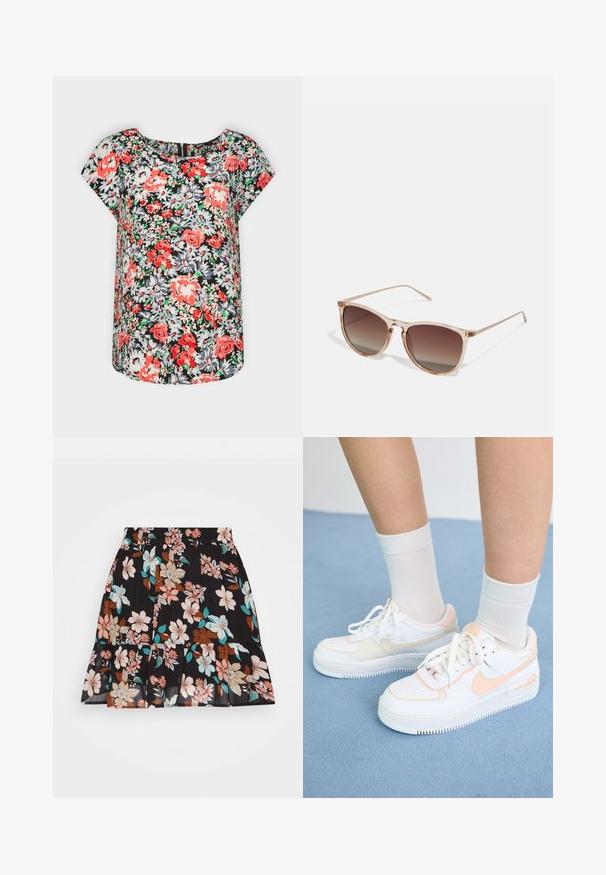 ONLY ONLVIC S/S AOP TOP NOOS PTM - Blúzka - black/multi-coloured; ONLY ONLSTAR SHORT SKIRT - Minisukňa - black/multi-coloured; Biele tenisky s broskyňovými akcentmi, hladký kožený zvršok, perforovaný špička, textúrovaná podošva a šnúrky. Nosia sa s bielymi členkovými ponožkami na modrom povrchu.; Hnedé slnečné okuliare s prechodovým efektom a priehľadným ružovým rámom, štvorcového tvaru a tenkými kovovými ramenami. Obsahujú zaoblené okraje a minimálne detaily.