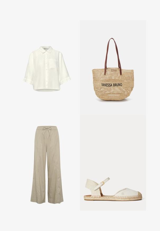 Camisa blanca abotonada con mangas tres cuartos, un solo bolsillo en el pecho y cuello clásico, hecha de tela ligera.; Pantalones de pierna ancha beige hechos de una tela ligera, con cintura elástica y cordón ajustable y bolsillos laterales. Textura suave, diseño minimalista.; Sandalia espadrille blanca con tacón trenzado, correa en el tobillo con hebilla dorada y logo "RL" en la puntera de lona, suela plana de yute.; Vanessa Bruno PANIER - Bolso shopping - sable/noir