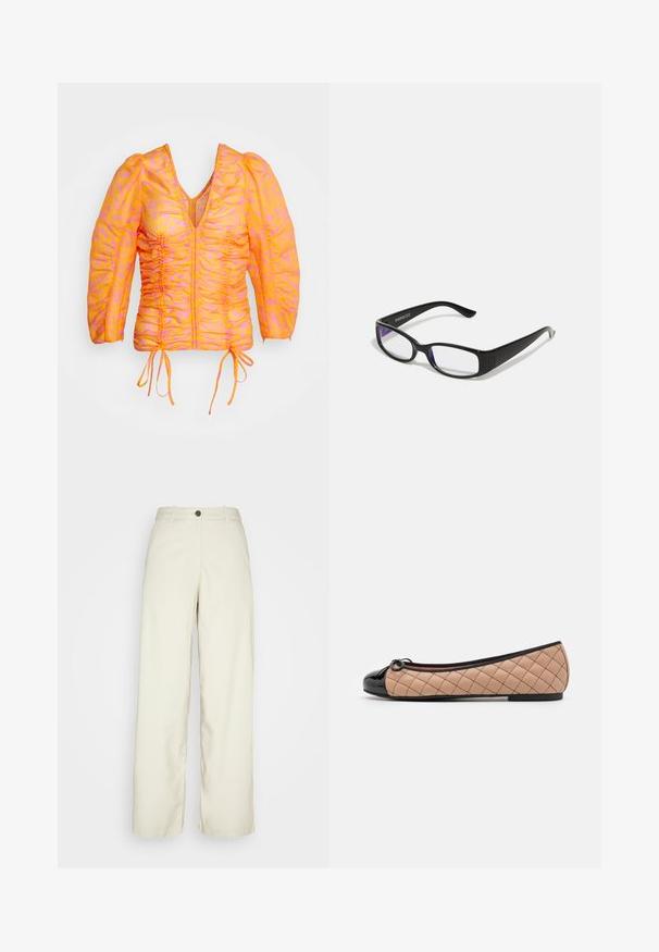 Rodebjer Top s dlhým rukávom - orange haze; Weekday ELIO - Nohavice - beige dusty light; Pretty Ballerinas Balerínky - black/beige; Čierne obdĺžnikové okuliare s priehľadnými šošovkami. Lesklý povrch, úzke ramená a fialový nádych viditeľný na okrajoch šošoviek.