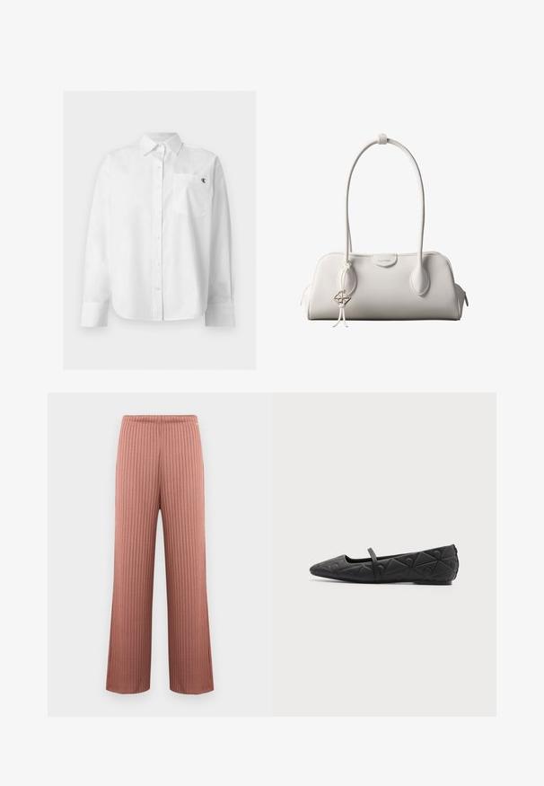 Chemise blanche à manches longues avec boutons, col pointu et poche avant avec petit logo noir "CK" sur la poitrine gauche.; Pantalon en maille côtelée à jambes larges couleur rose poudré avec une taille élastique et de fines rayures verticales, présenté sur un fond uni.; Chaussure plate noire à bout pointu avec motifs géométriques matelassés et une fine bride sur le cou-de-pied sur fond uni.; Sac à bandoulière blanc Calvin Klein avec longues poignées, forme rectangulaire, fermeture éclair et charm logo décoratif suspendu près de la poignée.