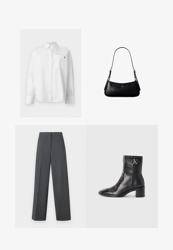 Chemise blanche à manches longues avec boutons, col pointu et poche avant avec petit logo noir "CK" sur la poitrine gauche.; Pantalon à jambes larges gris foncé en tissu lisse, avec une ceinture plate et des détails de couture discrets, présentant un design élégant et ajusté.; Botte de cheville en cuir noir avec un bout pointu, un talon carré et une sangle avec un détail de logo métallique. Texture lisse et design minimaliste.; Mini sac à bandoulière en cuir noir avec une fine bandoulière et un petit logo CK doré au centre avant.