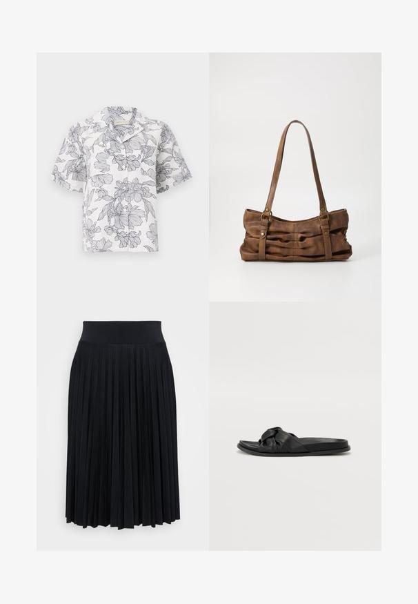 Camisa blanca de manga corta con botones, estampado floral dibujado con líneas negras y cuello esparcido sobre fondo liso.; Falda negra plisada con una cinturilla ancha, hecha de un material suave. Presenta pliegues verticales para añadir textura y fluidez.; Sandalias planas negras con parte superior de cuero sintético anudado, suela de goma plana y diseño elegante adecuado para uso casual.; Even&Odd Bolso de mano - brown