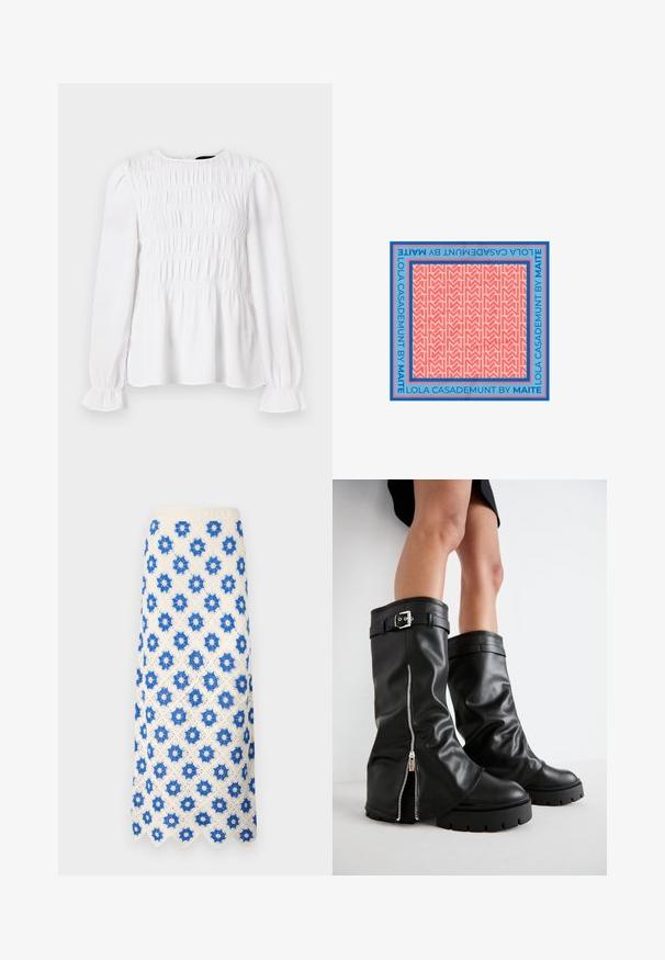 Witte blouse met lange mouwen, geblazerd textuur, ronde halslijn en gerimpelde manchetten. Lichtgewicht stof met een iets losse pasvorm.; Witte maxi-jurk van kant met blauwe bloemenpatronen. De golvende zoom en gestructureerd ontwerp voegen detail toe aan de stof.; Zwarte leren kniehoge laarzen met een brede schacht, voorzien van een zijrits en een gespaccent, met een gestructureerde afwerking en een chunky rubberen zool.; Vierkante sjaal met een koraalrood en roze herhalend geometrisch patroon, blauwe randen en de tekst "Lola Casademunt by Maite" in blauw rondom de randen.