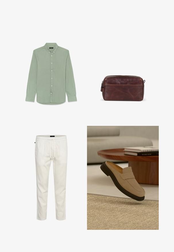 Camisa de color verde claro con cuello puntiagudo, mangas largas y cinco botones. Hecha de tela suave y ligera con textura lisa.; Joggers ligeros de algodón blanco con cintura elástica, cierre con cordón y un corte relajado. Textura suave sin patrones ni acentos.; Mocasín de ante beige con suela negra colocado sobre una alfombra texturizada color cuero, con una mesa de café redonda de madera y libros al fondo.; Neceser de cuero marrón con una textura suave, forma rectangular, cierre con cremallera y cinta lateral. Presenta un logo grabado en la parte frontal.