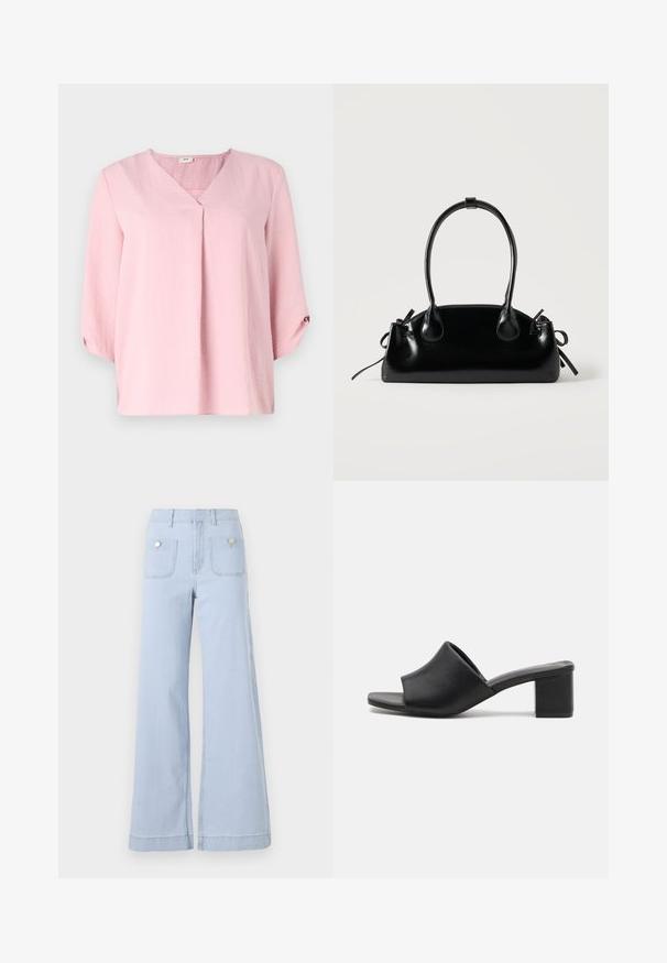 Rosa Bluse mit V-Ausschnitt, Dreiviertelärmeln und lockerer Passform. Hergestellt aus strukturiertem Stoff mit leichtem Glanz.; Helle blaue, weit geschnittene Jeans aus Denim mit hoher Taille, großen vorderen Taschen und metallischen Akzenten auf den Gesäßtaschen.; Schwarze Leder-Mules mit Blockabsatz und offenem Zehenbereich, mit einer glatten Oberfläche und einem leicht geschwungenen Schaft für Komfort und Stil.; Kleine schwarze glänzende Handtasche mit zwei langen Griffen und seitlichen Kordelzug-Details vor einfachem hellem Hintergrund.