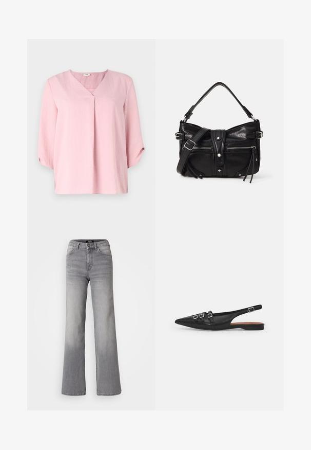 Rosa Bluse mit V-Ausschnitt, Dreiviertelärmeln und lockerer Passform. Hergestellt aus strukturiertem Stoff mit leichtem Glanz.; Hochtaillierte graue Denim-Jeans mit geradem Bein, Frontknopf und Reißverschluss, Vorder- und Gesäßtaschen sowie ausgewaschenen Schattierungen an Oberschenkeln und Waden.; Schwarze Leder-Slingback-Ballerina mit spitzem Zeh, ausgestattet mit zwei horizontalen Riemen und quadratischen silbernen Schnallen, mit flachem Absatz und glatter Oberfläche.; Even&Odd by Zalando H24462 - Handtasche - black