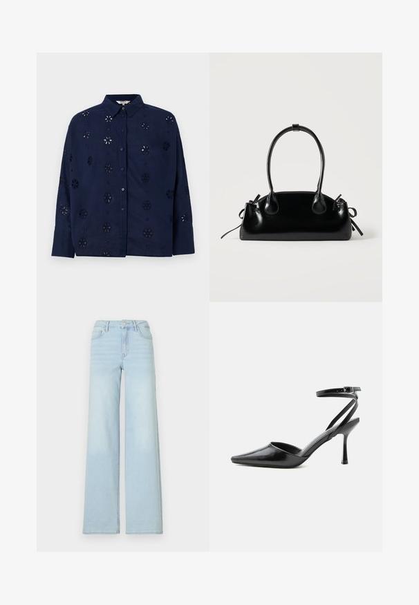 Chemise boutonnée bleu marine en tissu léger, ornée de motifs floraux découpés et d'un col, avec des manches longues et une coupe décontractée.; Jeans wide en denim bleu clair avec un design classique à cinq poches et une fermeture à bouton à l'avant. Présente une légère décoloration sur le devant.; Escarpin noir à bout pointu avec fines brides de cheville et fermeture à boucle argentée sur fond clair uni.; Petit sac à main noir brillant avec deux longues anses et des détails à cordon sur les côtés sur un fond clair uni.