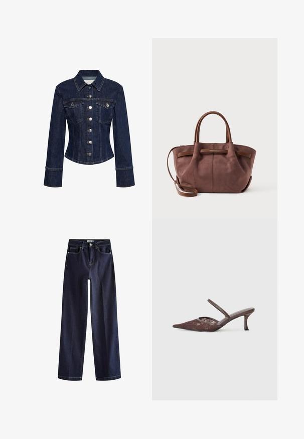Mørkeblå figursyet denimjakke med lange ærmer, forreste knaplukning, spids krave og to brystlommer med klapper og knapper.; Next Jeans Straight Leg - rinse blue; Brune snørebåndssko med spids tå og en tynd rem, der har et subtilt blomstermønster og en smal stilettohæl.; Brun nubuck håndtaske med to håndtag og en aftagelig skulderrem. Har en glat overflade og et lille logo på fronten.