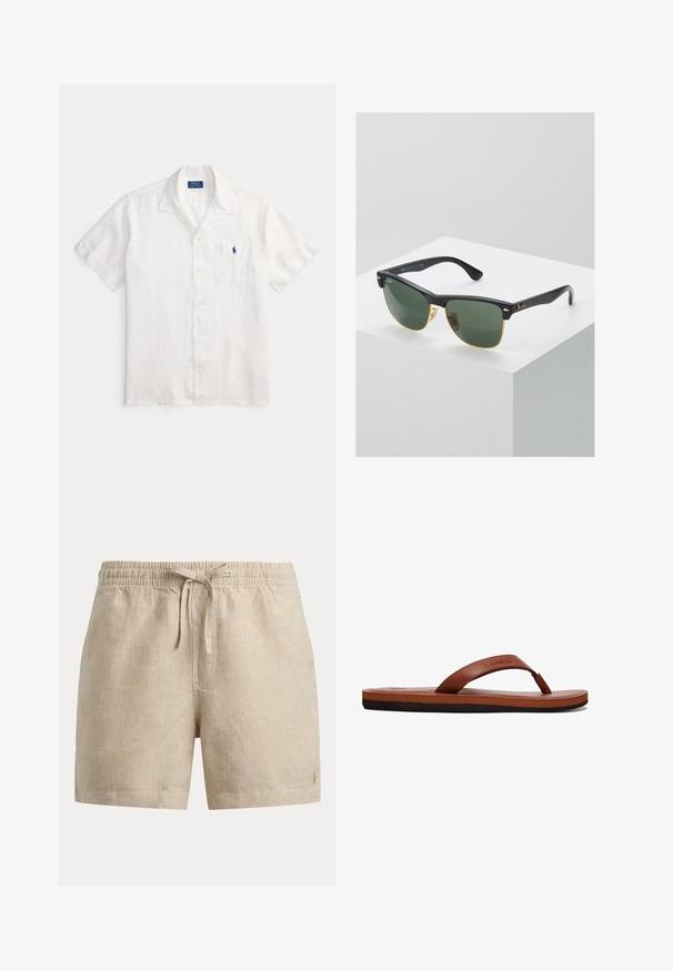 Chemise blanche à manches courtes avec boutons, col et poche avant présentant un petit logo bleu Polo Ralph Lauren.; Short beige à carreaux avec taille élastique et cordon de serrage devant, arborant un petit logo brodé sur le bas de la jambe gauche.; Tongs en cuir brun avec une sangle texturée, un coussin de pied et une semelle en caoutchouc noir. Vue de côté mettant en avant le design fin.; Lunettes de soleil Ray-Ban avec des verres verts, monture en plastique noir et accents dorés sur les bords. Forme carrée avec une finition mate.