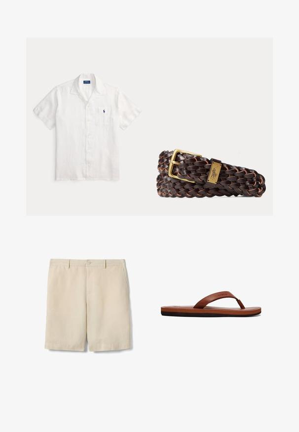 Camisa blanca de manga corta con botones, cuello y bolsillo delantero con un pequeño logo azul de Polo Ralph Lauren.; Pantalones cortos beige hasta la rodilla con cierre de botón, trabillas para cinturón y bolsillos laterales, mostrados extendidos sobre un fondo blanco.; Chancla de cuero marrón con una tira texturizada, plantilla acolchada y suela de goma negra. Vista lateral que resalta su diseño delgado.; Cinturón de cuero trenzado marrón oscuro con hebilla rectangular dorada y una placa dorada con un emblema de jugador de polo.