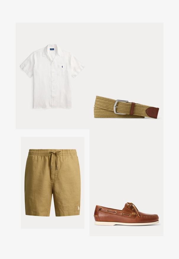 Hvid kortærmet skjorte med knapper, krave og frontlomme med lille blåt Polo Ralph Lauren-logo.; Gule hørshorts med elastisk talje og snøre. Har en lille broderet logo på venstre underben. Glat tekstur.; Brun læder bådsko med hvid sål, snørebånd bundet foroven og metal-øjer langs siderne og i forreste syning.; Vævet tanfarvet stofbælte med sølvspænde og brune læderdetaljer, med et præget hestelogo på læderenden.